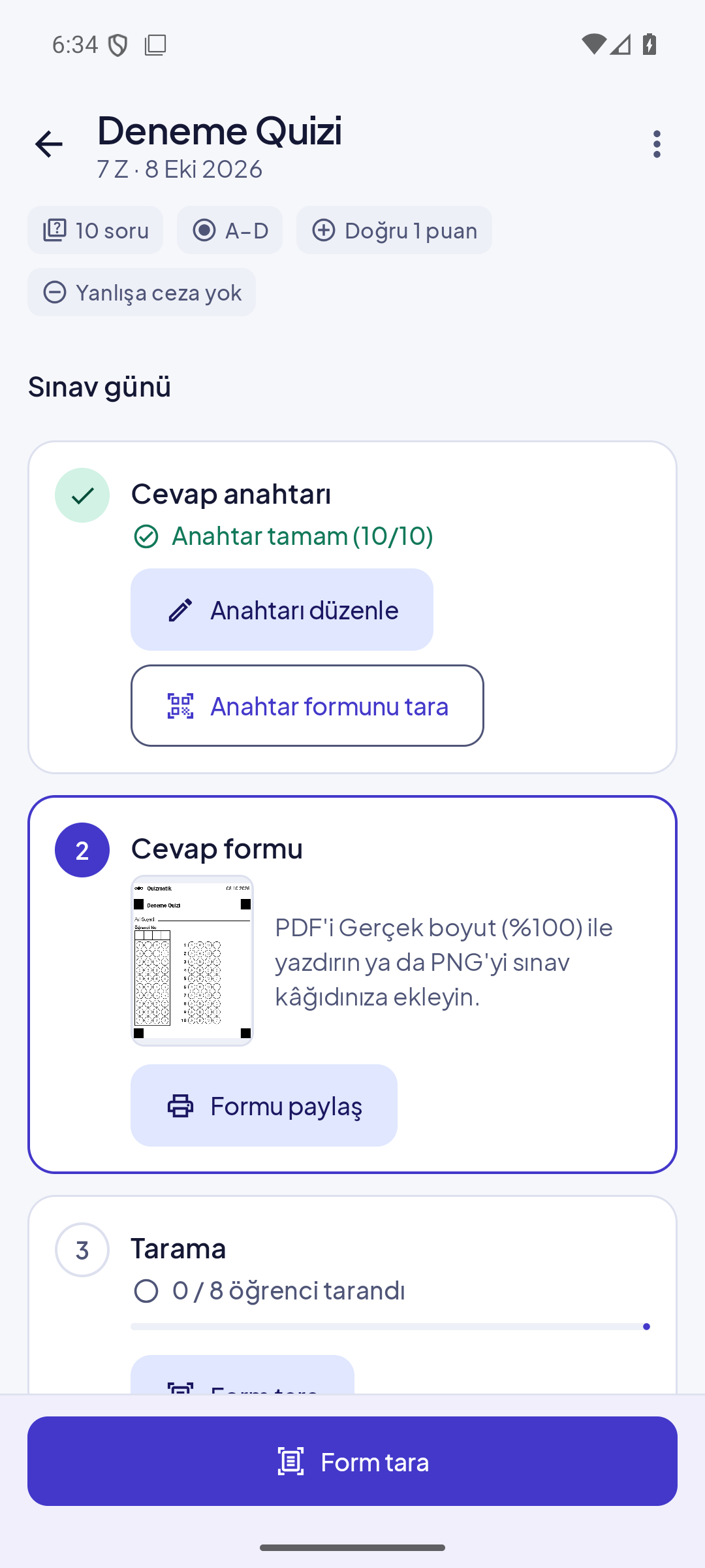 Quizmatik'te bir sınavın ekranı: cevap anahtarı, cevap formu ve tarama adımları