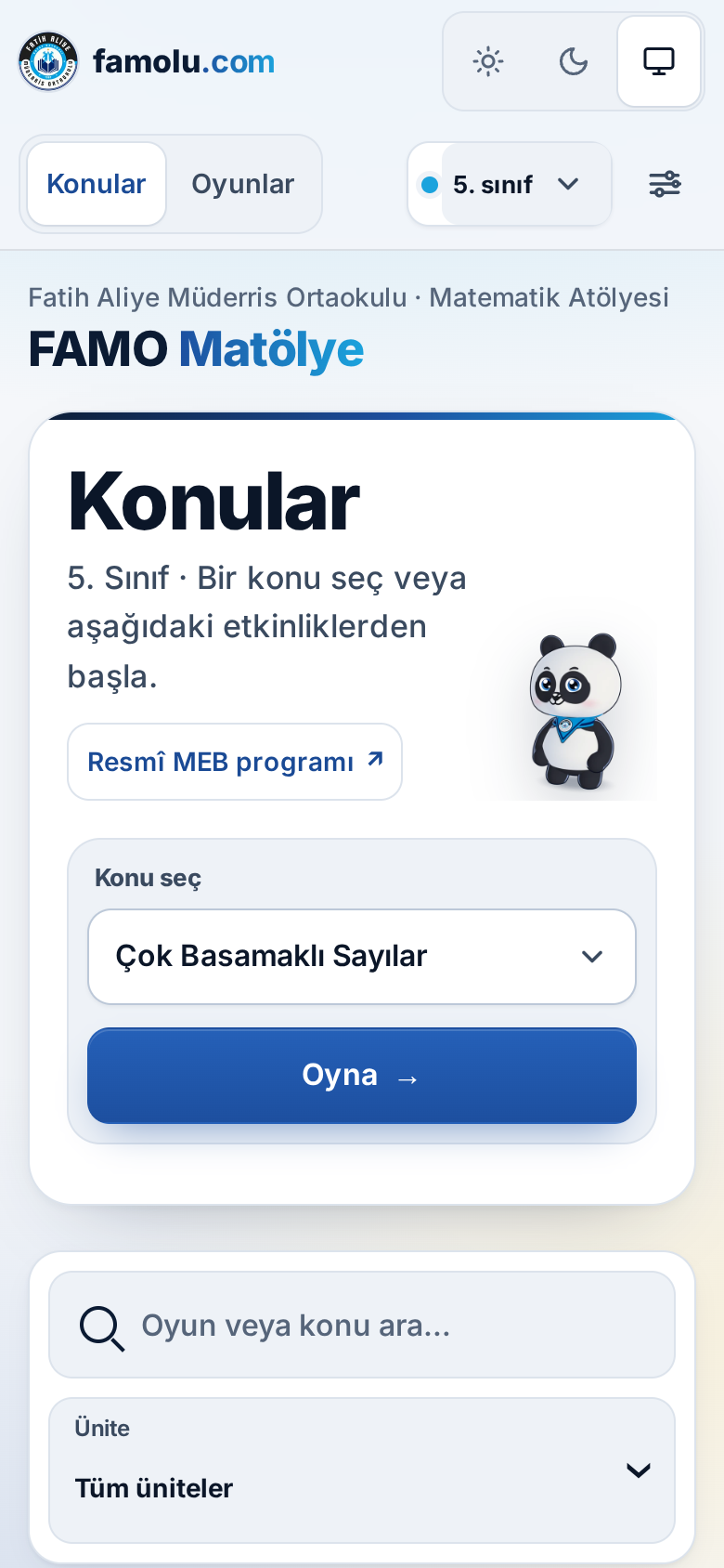Matölye ana ekranı: sınıf ve konu seçimi, Oyna düğmesi