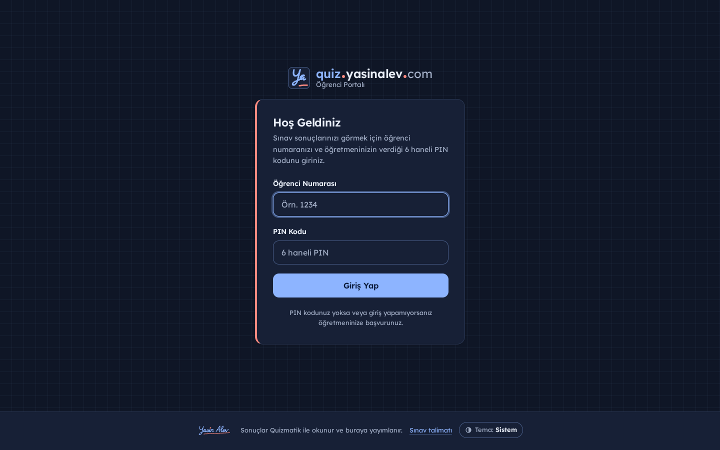quiz.yasinalev.com giriş sayfası: öğrenci numarası ve 6 haneli PIN alanları