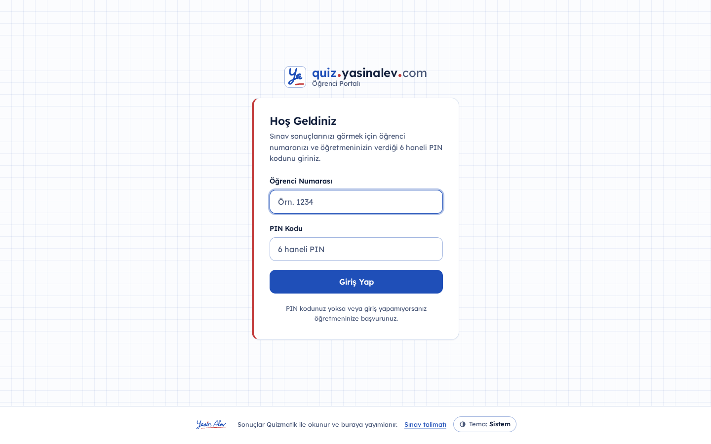 quiz.yasinalev.com giriş sayfası: öğrenci numarası ve 6 haneli PIN alanları