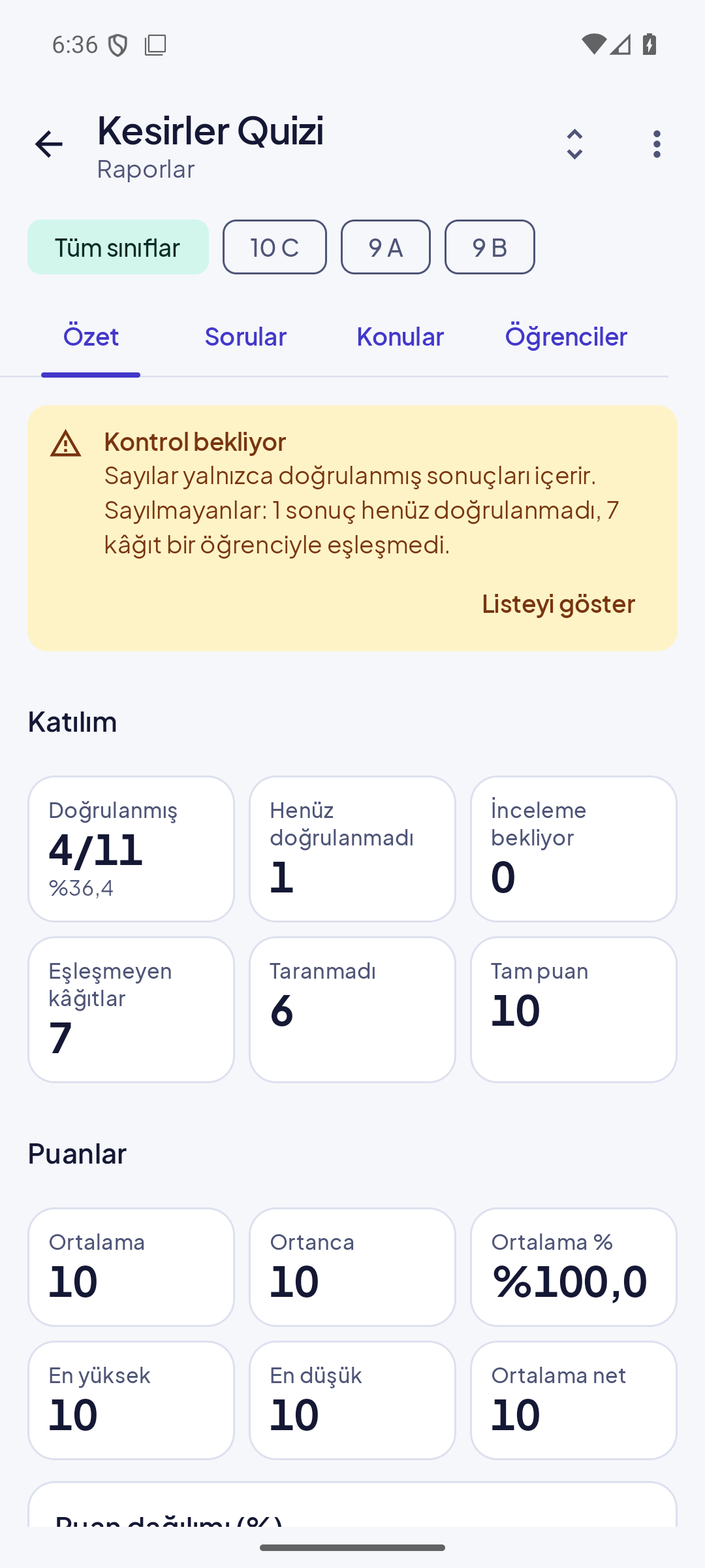 Quizmatik'te bir sınavın rapor özeti: katılım ve puan istatistikleri