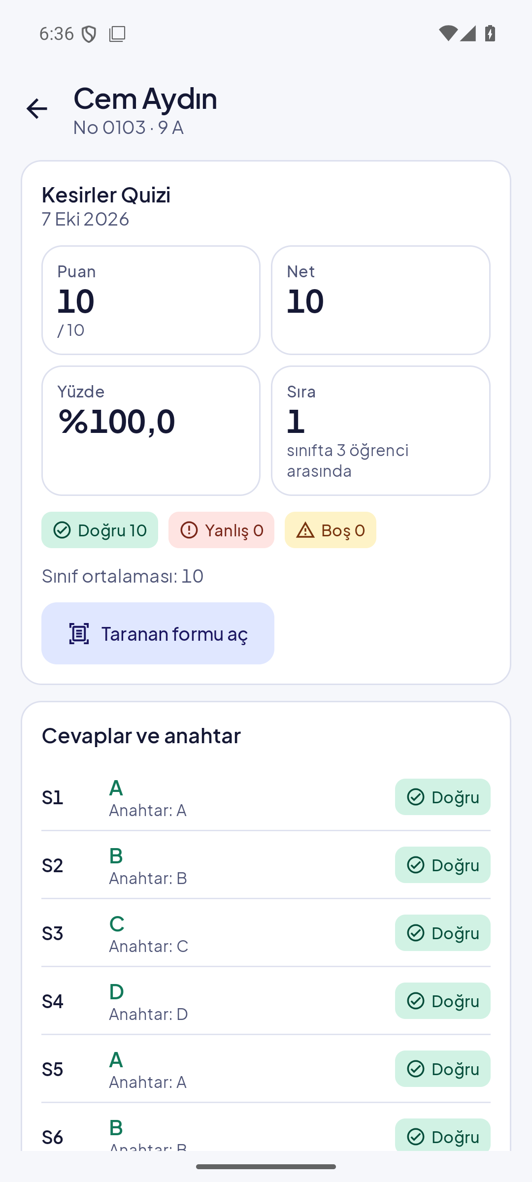 Quizmatik'te bir öğrencinin raporu